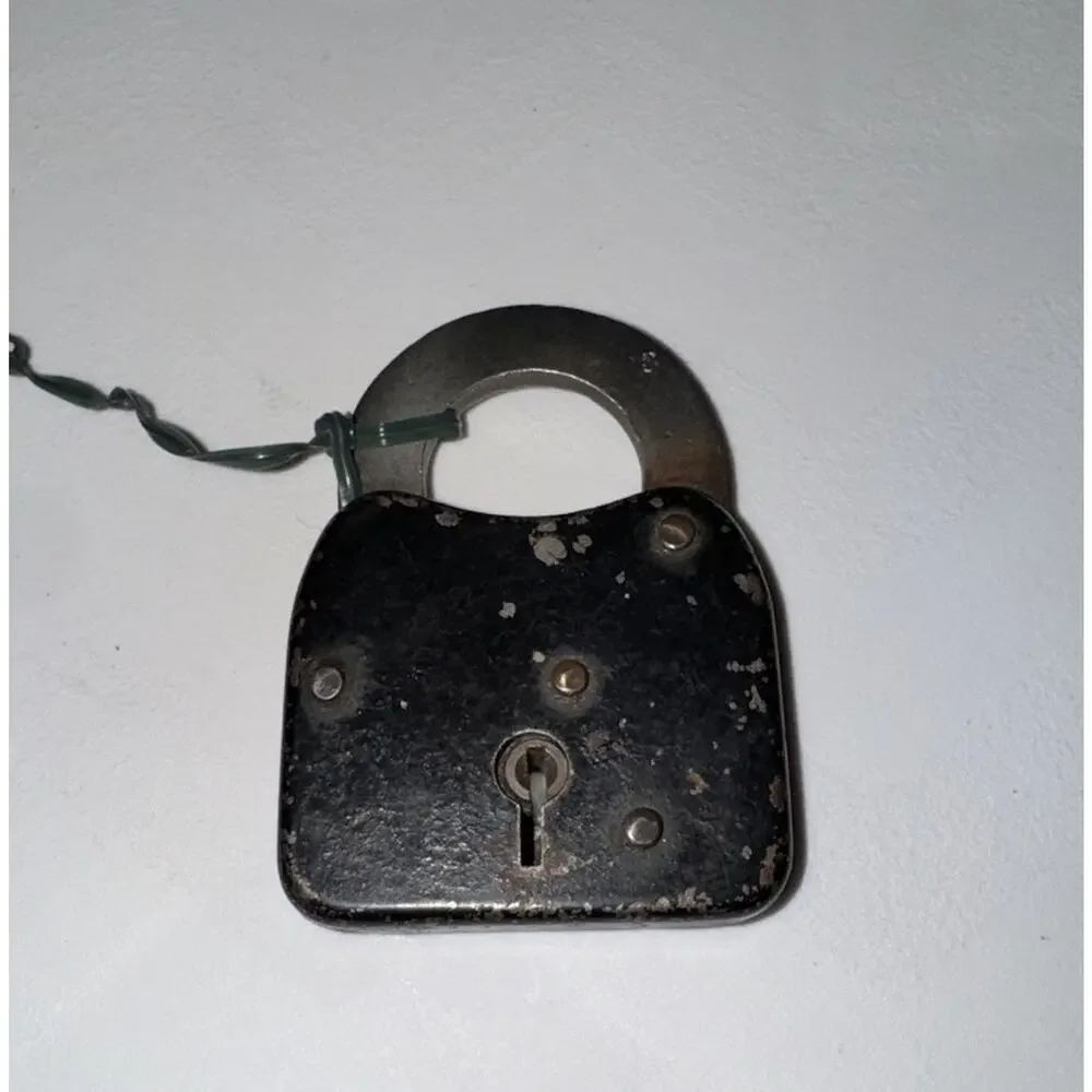 Antique Vintage Black Pressed Steel Padlock W Key Warded Skeleton Lock- Mid Cent